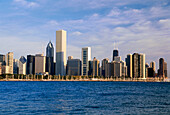 View from shore of Lake Michigan to Skyline of Chicago, Illinois, USA