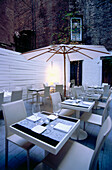 Covered tables in Restaurant Falai, Manhattan, New York, USA, America