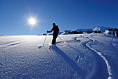 young woman skiing in powder snow with hoar frost beneath Höllritzereck and Bleicherhorn, Allgaeu range, Allgaeu, Schwabia, Bavaria, Germany