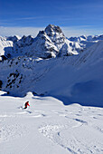 young powdering Güntlespitze, Widderstein in background, Kleinwalsertal, Allgaeu range, Allgaeu, Vorarlberg, Austria