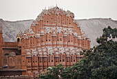 The Hawa Mahal (Palace of Winds), a five storied building built by Mahara Pratap Singh.The entire construction stands on walls that are hardly 0.2 mts in width. Jaipur, Rajasthan, India.