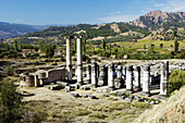 Columns, walls, altars and floors in the ruins of the Temple of Artemis in Sardis, Turkey.