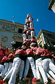 Castellers building human towers, a Catalan tradition. Vilafranca del Penedès. Barcelona province, Spain