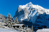 Alpine huts in front of mountain Wetterhorn, Grindelwald, Bernese Oberland, Canton of Bern, Switzerland