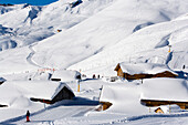Skifahrer auf der Piste, Schiltlift im Hintergrund, First, Grindelwald, Berner Oberland, Kanton Bern, Schweiz