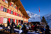 Guests at the mountain restaurant Bort, First, Grindelwald, Bernese Oberland, Canton of Bern, Switzerland