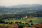 View over motorway to pilgrimage church Wilparting, Irschenberg, Bavaria, Germany
