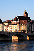 View of the old city of Basel with St. Martins Church in the background, Mittlere Rheinbrücke, Basel, Switzerland
