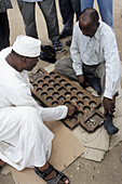 Two Afrcan men playing bao on the street site, Zanzibar Town (Stone Town), Unguja Island, Zanzibar Archipelago, Tanzania, East Africa