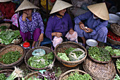 Three women sitting on the floor and selling vegetables on the fresh food market of Hoi An, Vietnam, Southeast Asia