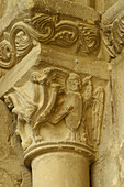 St. Michael fighting the dragon .Detail capital. Romanesque cathedral of San Vicente. Roda de Isábena. (Romanesque XIth century). Isábena valley. Pirineo Aragonés. Huesca province. Spain.