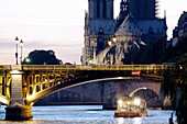 Notre Dame cathedral and Pont de l Archevêque at sunset. Paris. France