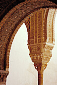 Detail of decorated archway and post in the Alhambra. Granada. Andalucia. Spain