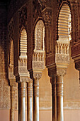 Decorated archways of the Court of Lions in the Alhambra. Granada. Andalucia. Spain