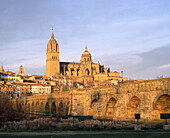 Roman bridge and Gothic cathedral. Salamanca. Spain