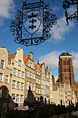 Piwna Street (Beer Street) In the foreground The Church of the Holy Mother. Above the gild of Gdansk. Poland.