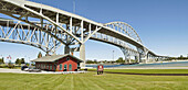 Panorama of The Blue Water International bridge connects Canada and the United States at Port Huron Michigan and Sarnia Ontario Canada