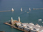 Downtown Navy Pier activity on Lake Michigan. Downtown city of Chicago Illinois. USA.