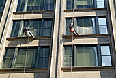 Window washers work at extreme heights to clean windows on tall buidings and skyscrapers in Chicago, Illinois. USA.