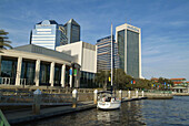 The Jacksonville Landing Riverfront riverwalk recreation and entertainment area in the city of Jacksonville Florida. USA.