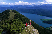 People standing on top of Herzogstand, view to the lake Walchensee, Bavaria, Germany
