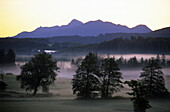 Scenery with morning mist, Benediktenwand in background, Hechendorf, Murnau, Bavaria, Germany, Bavaria, Germany
