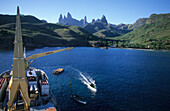 The freighter Aranui III anchoring off the island of Ua Pou, French Polynesia