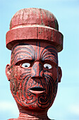 Wooden scaulpture on a marea, a meeting place of the Maori in Rotorua, North island, New Zealand