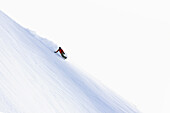 Snowboarder carving turns downhill, See, Ski Region Paznaun, Tyrol, Austria