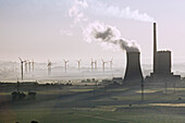 aerial view of coal power station, and wind turbines, Mehrum, Hanover, Lower saxony, northern Germany