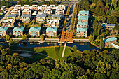 aerial view of new housing settlement, Seelhorster Garten, townhouses, Hanover, Lower Saxony, northern Germany