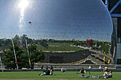La Géode, a sphere cinema consisting of 6433 steel triangle mirrors, Cité des Sciences, Parc de la Villette, science museum, 19th Arrondissement, Paris, France