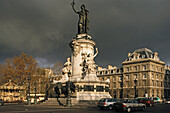 View at Statue of the Republic under grey clouds, Place de la Republique, 3. Arrondissement, Paris, France, Europe