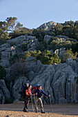 Hikers on Multiday Hike Across Serra de Tramuntana Mountains, Near Lluc Monastery, Mallorca, Balearic Islands, Spain