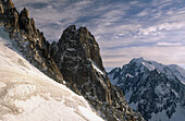 Aiguille des Drus (3754 m.) and Montblanc (4810 m.) in winter. Alps, Haute Savoie. Chamonix, France