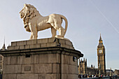 Westminster Bridge lion and Big Ben. London. England