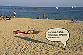 Campaign against butt throw around the beach. Barcelona. Catalonia. Spain.