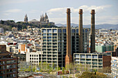 Tres Xemeneies former industrial complex at Avinguda del Paral.lel. Montjuic in background. Barcelona. Spain