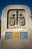 Milestone in Lugo province. Road to Santiago. Galicia, Spain