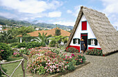 Woman at Palheiro (typical small house). Santana village. Madeira Island. Portugal