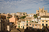 Sa Portella Houses and La Seu Palma Cathedral, View from Hotel Tres Rooftop, Palma, Mallorca, Balearic Islands, Spain