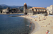 Port and beaches, Collioure . Pyrenees-Orientales, Languedoc Roussillon, France
