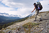 Backpacker on the Cline River ridge. White goat Wilderness Area. Alberta. Canada