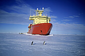 Bow of icebreaker in fast ice in McMurdo Sound with Adelie Penguins (Pygoscelis adeliae) walking by, Antarctica