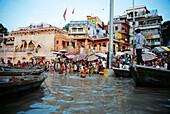 Ghats (riverbank) on the Ganges River, Varanasi. Uttar Pradesh, India