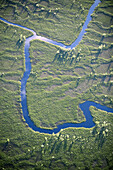 Meandring river in weetland, aerial view. Lappland, Sweden