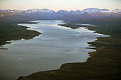 Mountain area, lake, aerial view (the highest top in Sweden). Kebnekaise Mountains. Lapland. Sweden