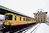 Yellow train (Le train jaune) in international station of La Tour de Carol. Languedoc-Rousillon. France.