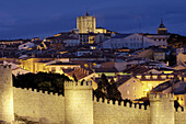 Ávila city walls at night. Castilla-León, Spain