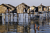 Sea gypsies by their stilt houses near Zamboanga, Philippines.